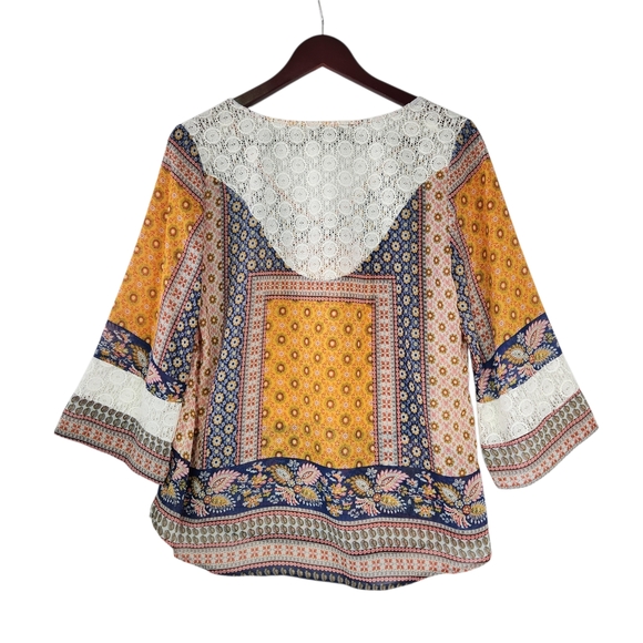 Figueroa & Flower Boho Patchwork Lace Trim Blouse Small V-Neck Flowy Festival - Picture 3 of 16